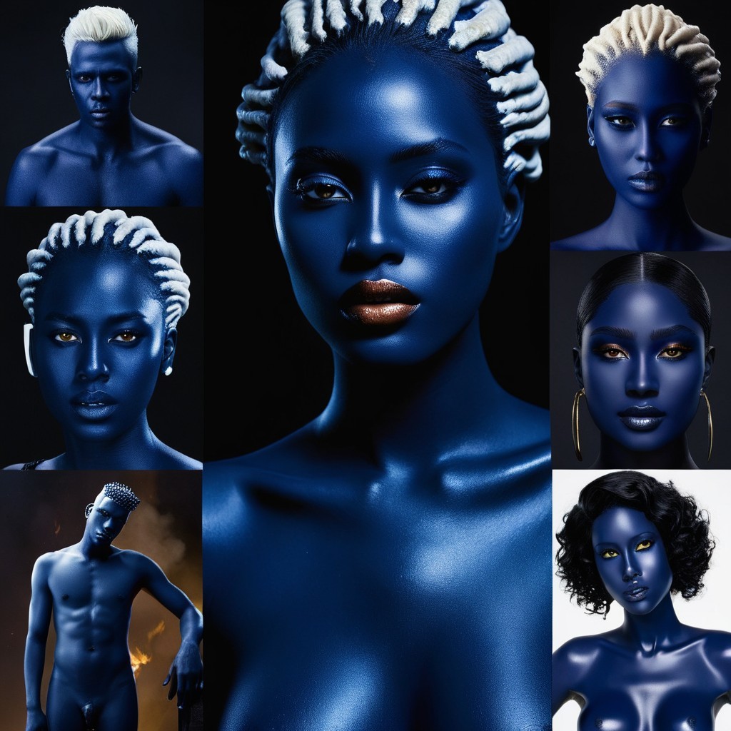 Diverse Individuals with Blue Body Paint and Bold Styles
