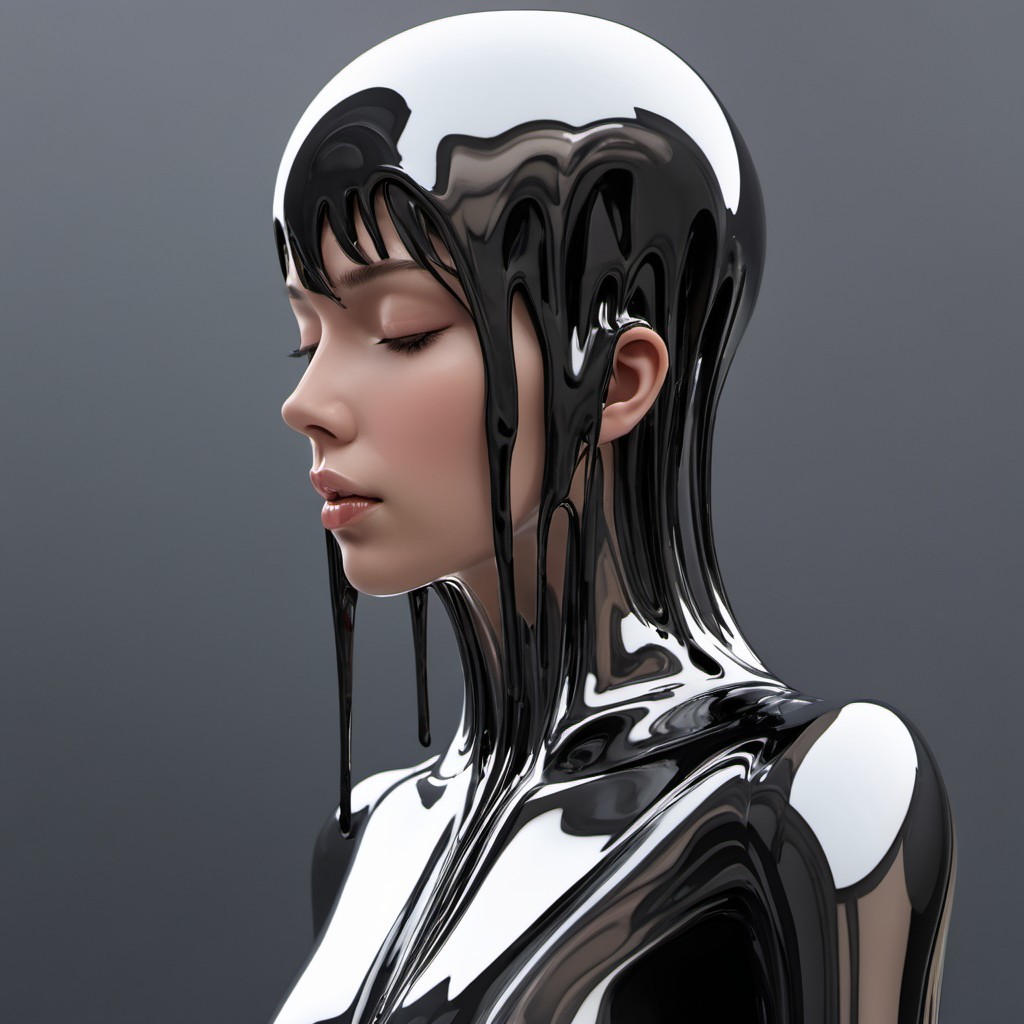 Futuristic sculpture of a woman in glossy black liquid