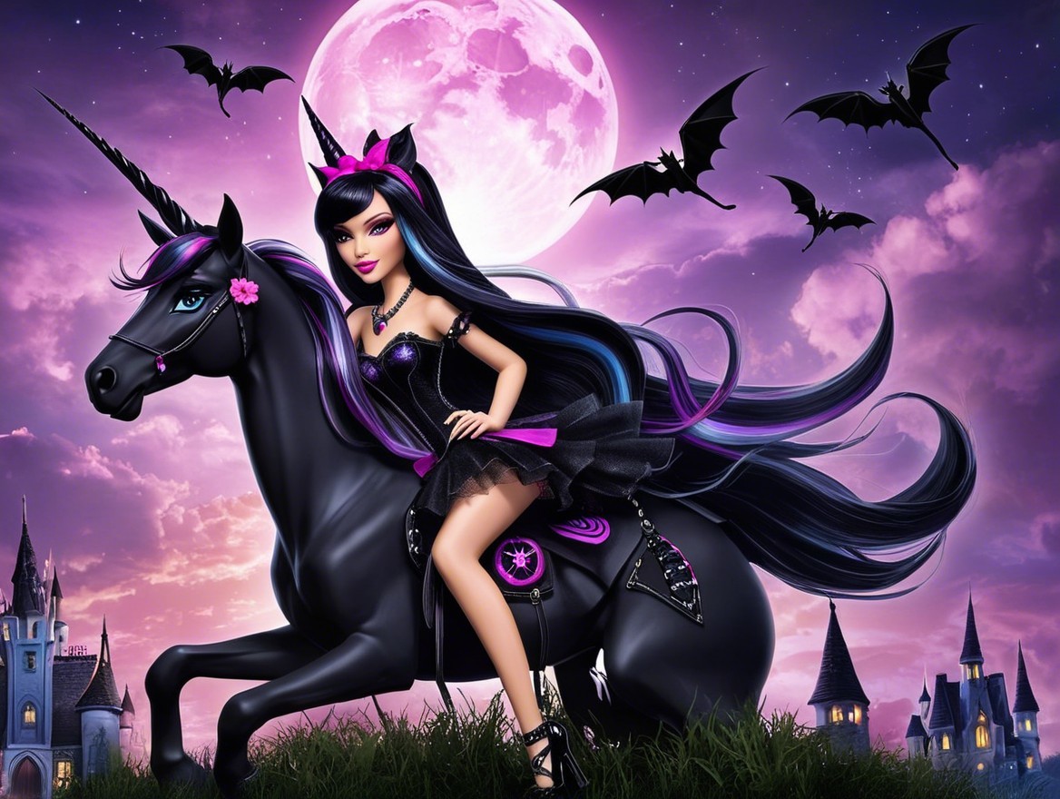 Stylish Girl on Black Unicorn Under Full Moon