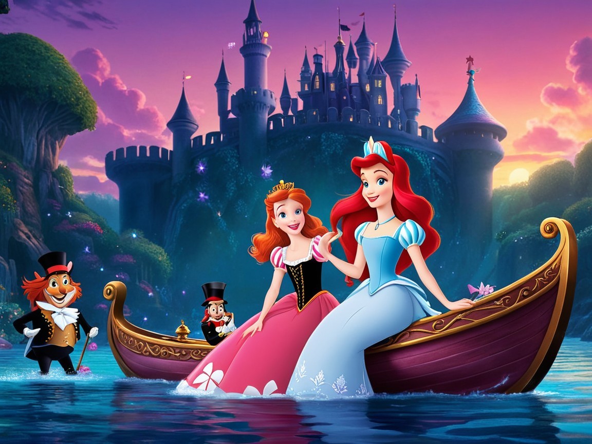 Princesses Sailing on a Lake with Castle Background