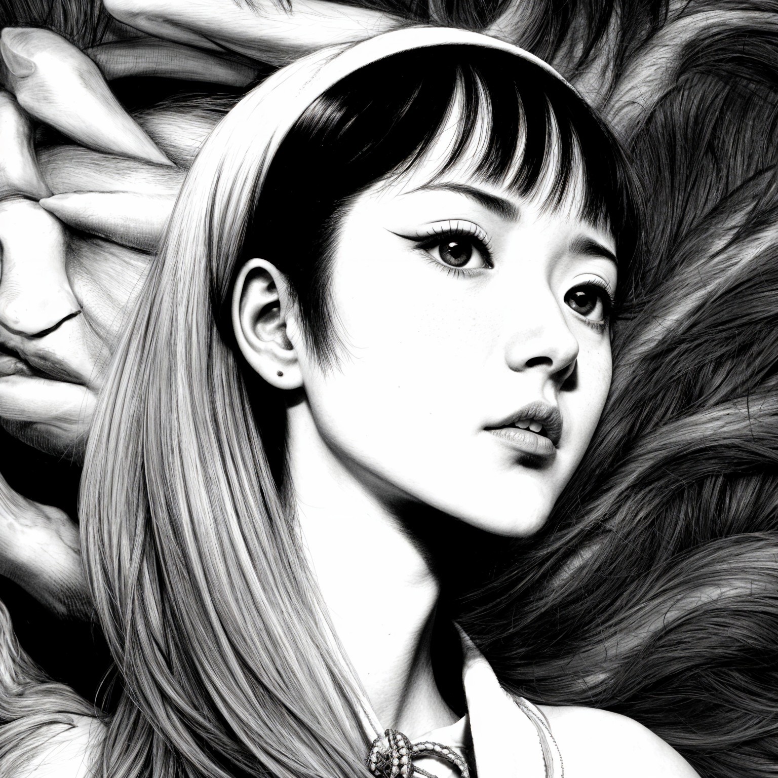 Black-and-White Portrait of a Young Woman with Surreal Background