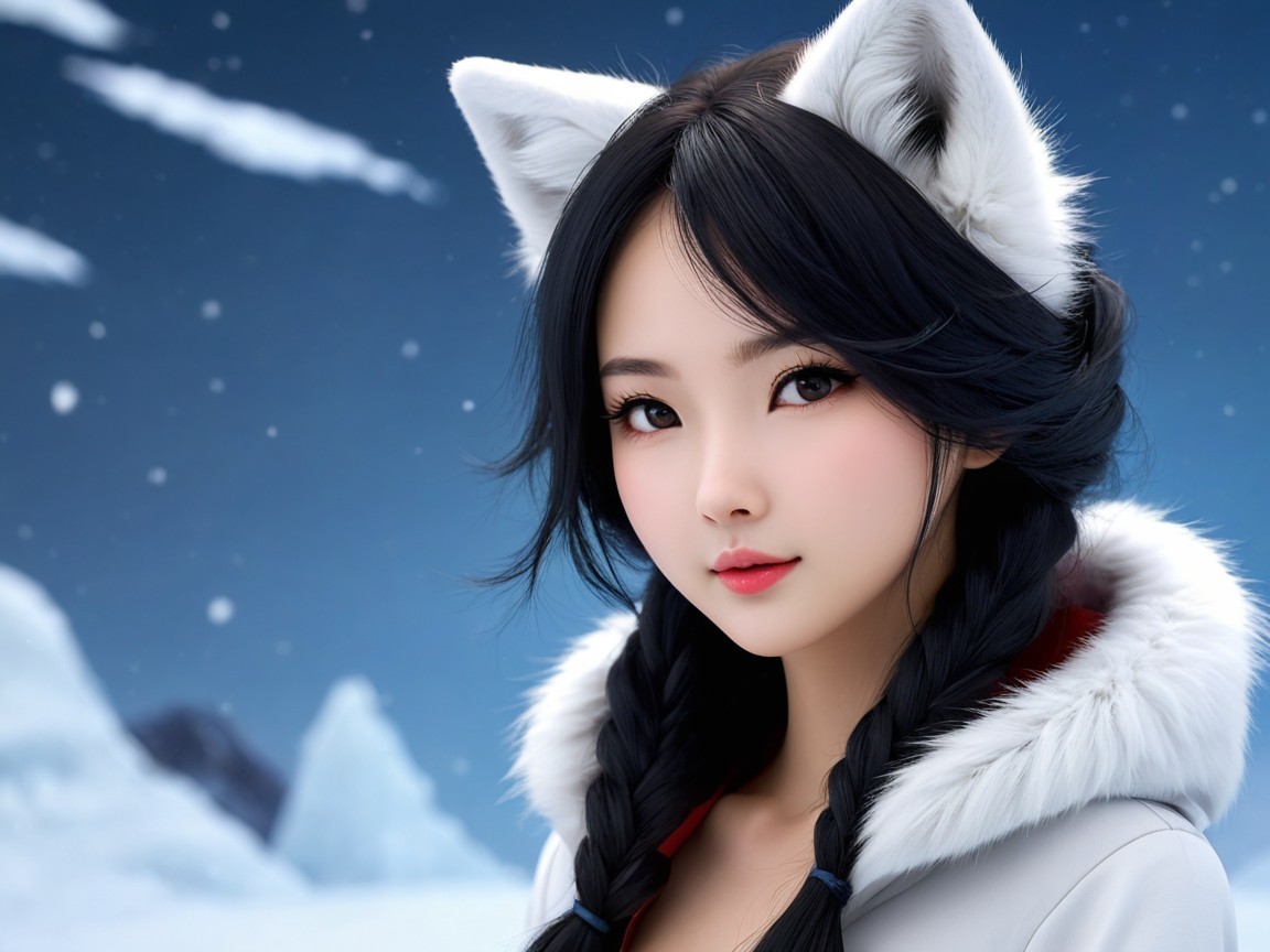 Young woman in winter coat with cat ears in snow