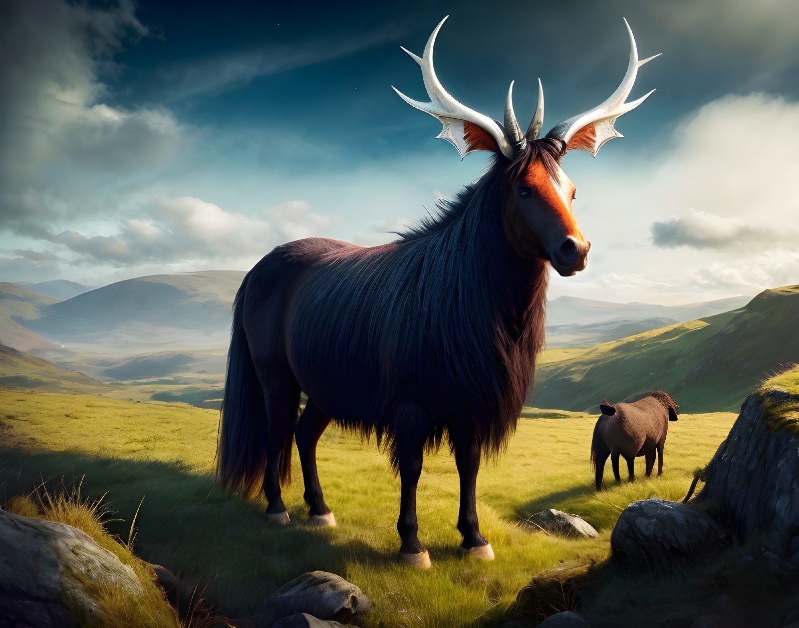 Majestic Creature in Lush Green Landscape with Antlers