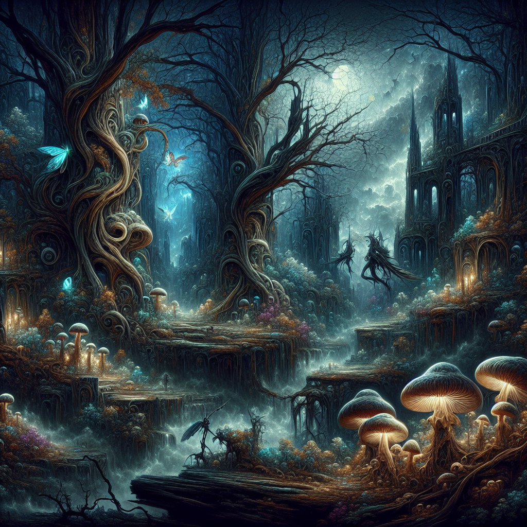Fantastical Landscape with Twisted Trees and Ruins