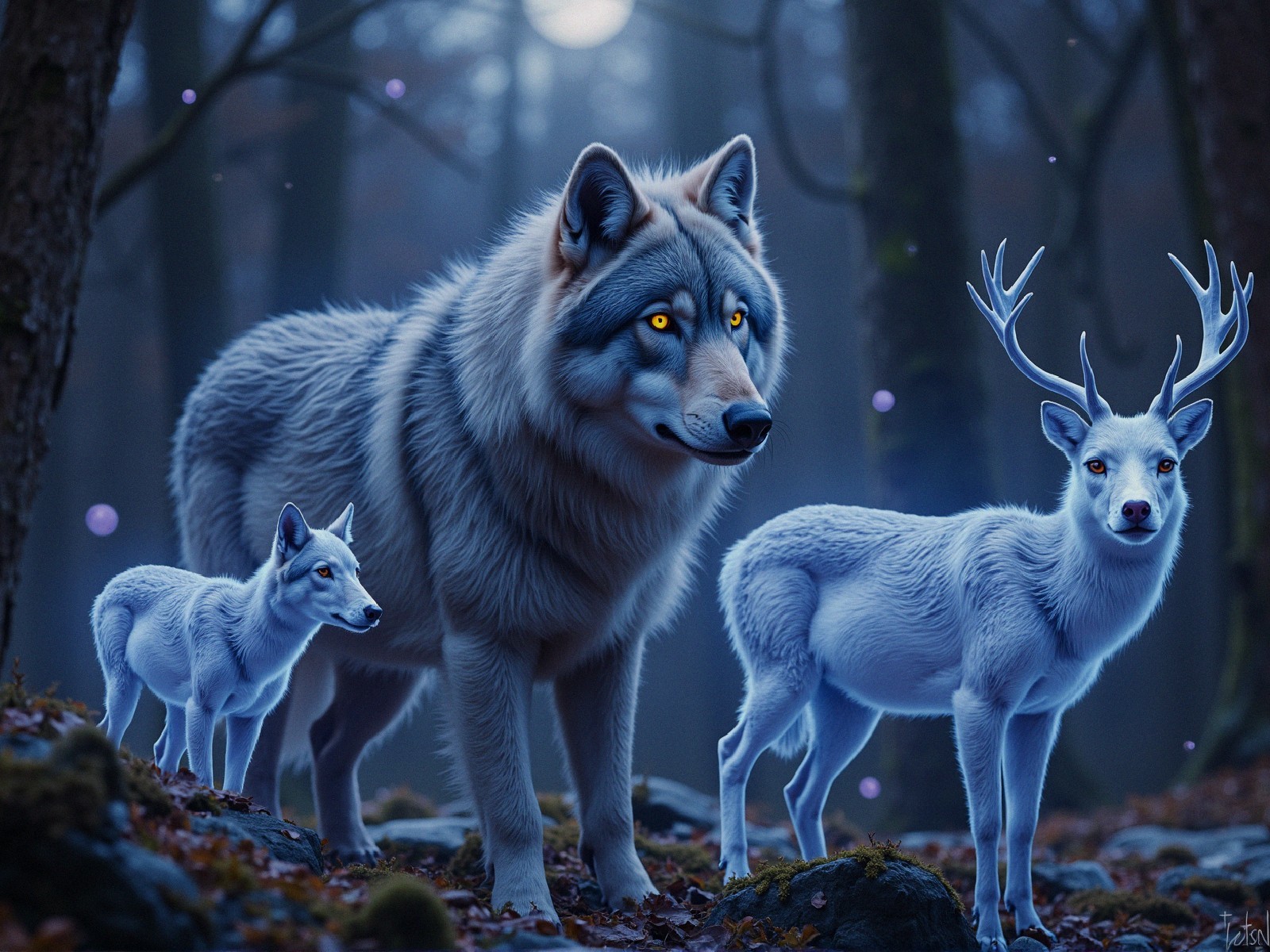 Mystical Forest Scene with Wolf, Pup, and White Deer