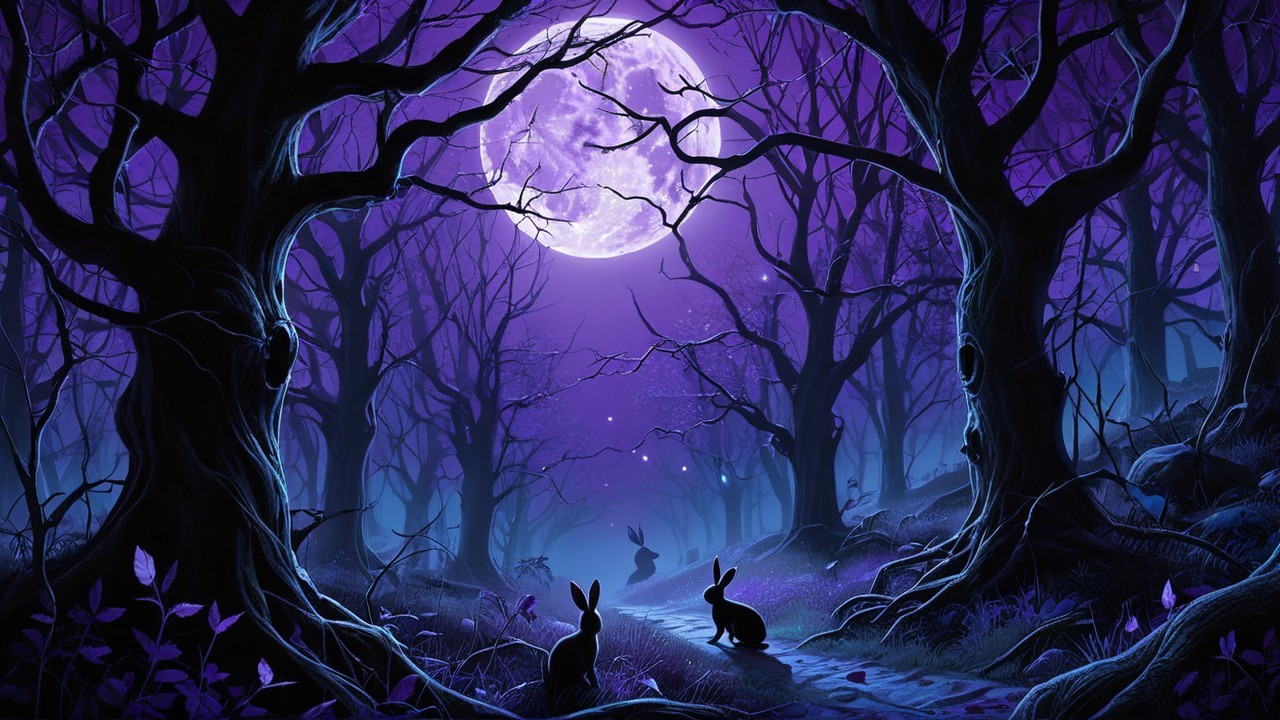 Mystical forest scene with rabbits and moonlit path