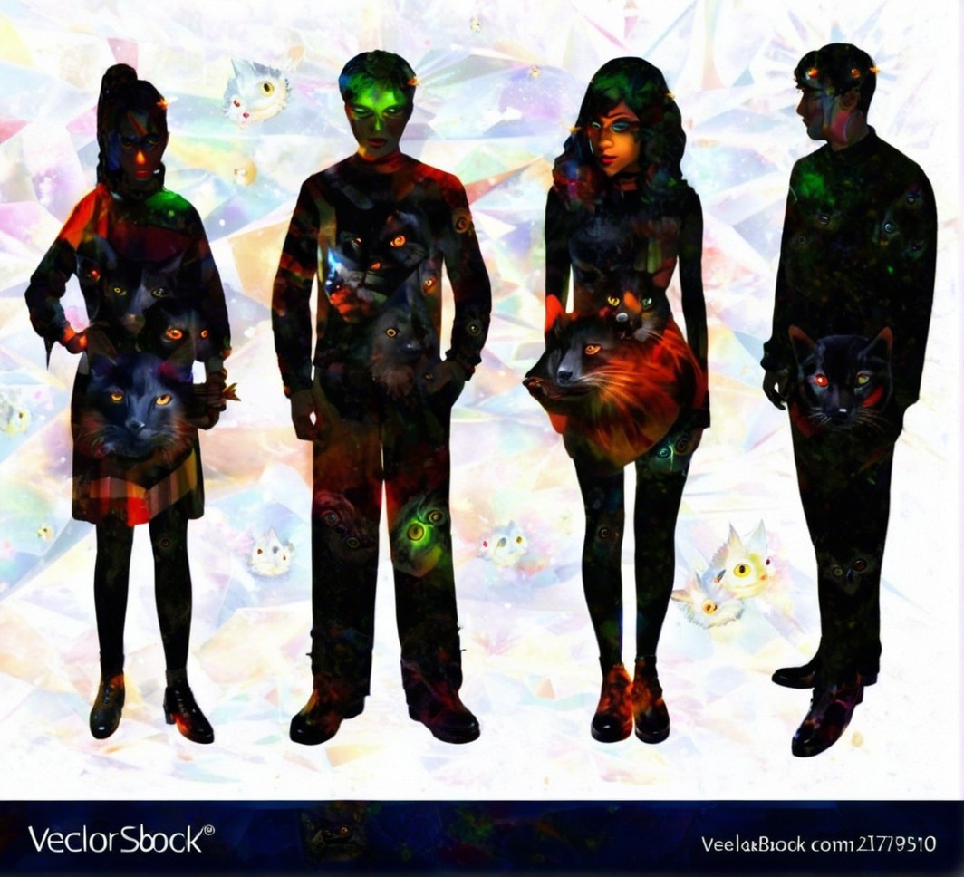 Figures with Colorful Patterns Against Abstract Background