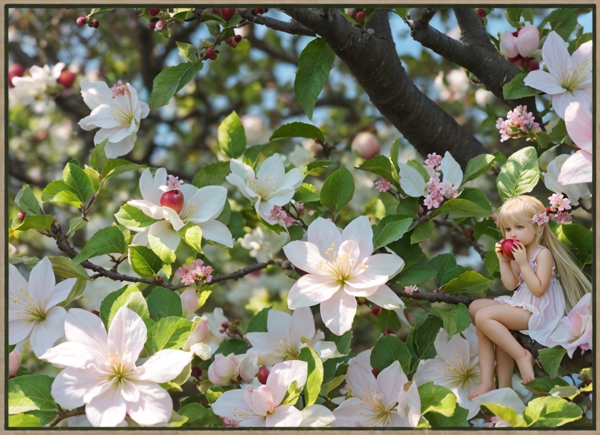 Young girl in a blooming orchard with apple blossoms