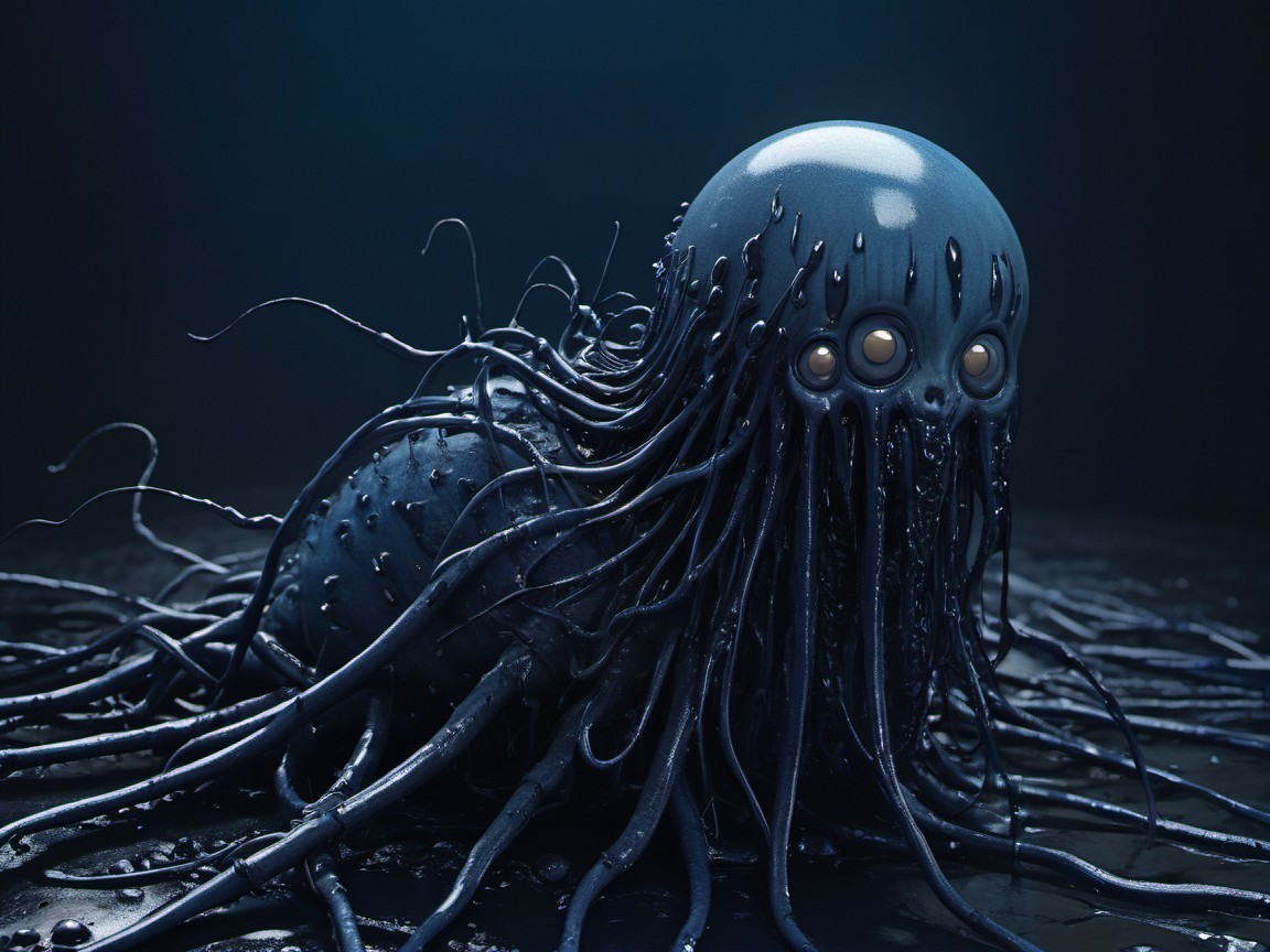 Surreal creature with glossy black body and tendrils