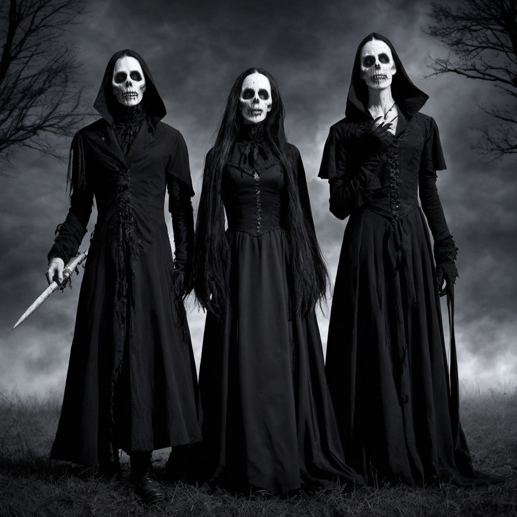 Haunting Trio in Black Garments Against Dark Backdrop
