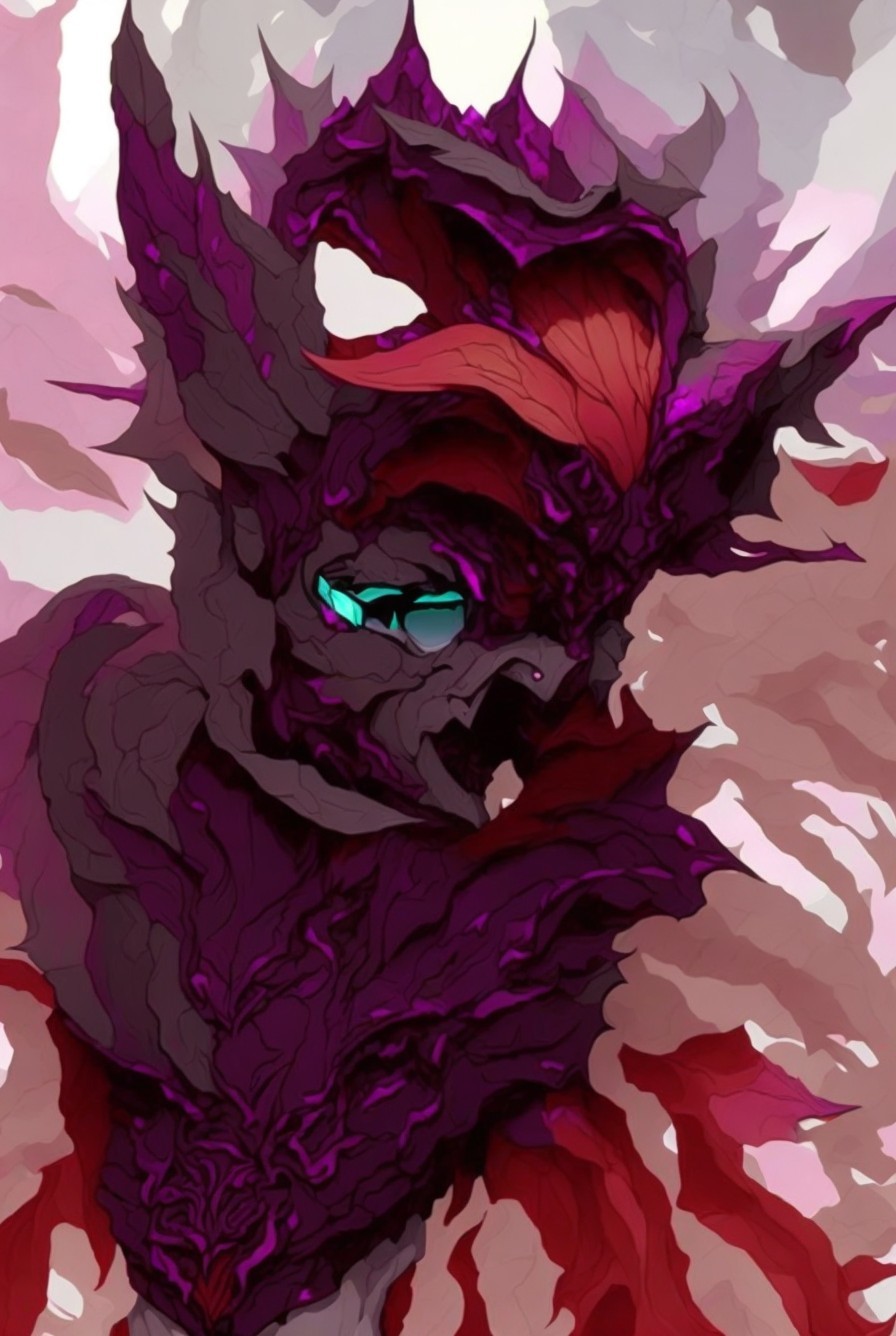 Fantastical creature with dark body and turquoise eyes