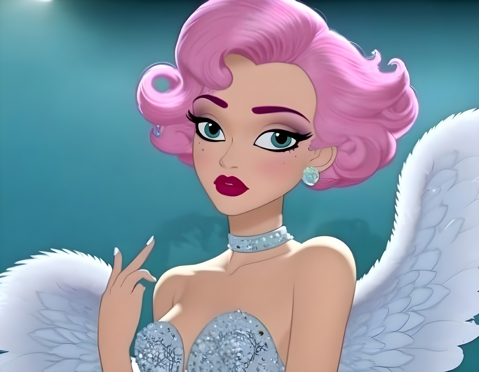 Charming animated character with pink hair and gown