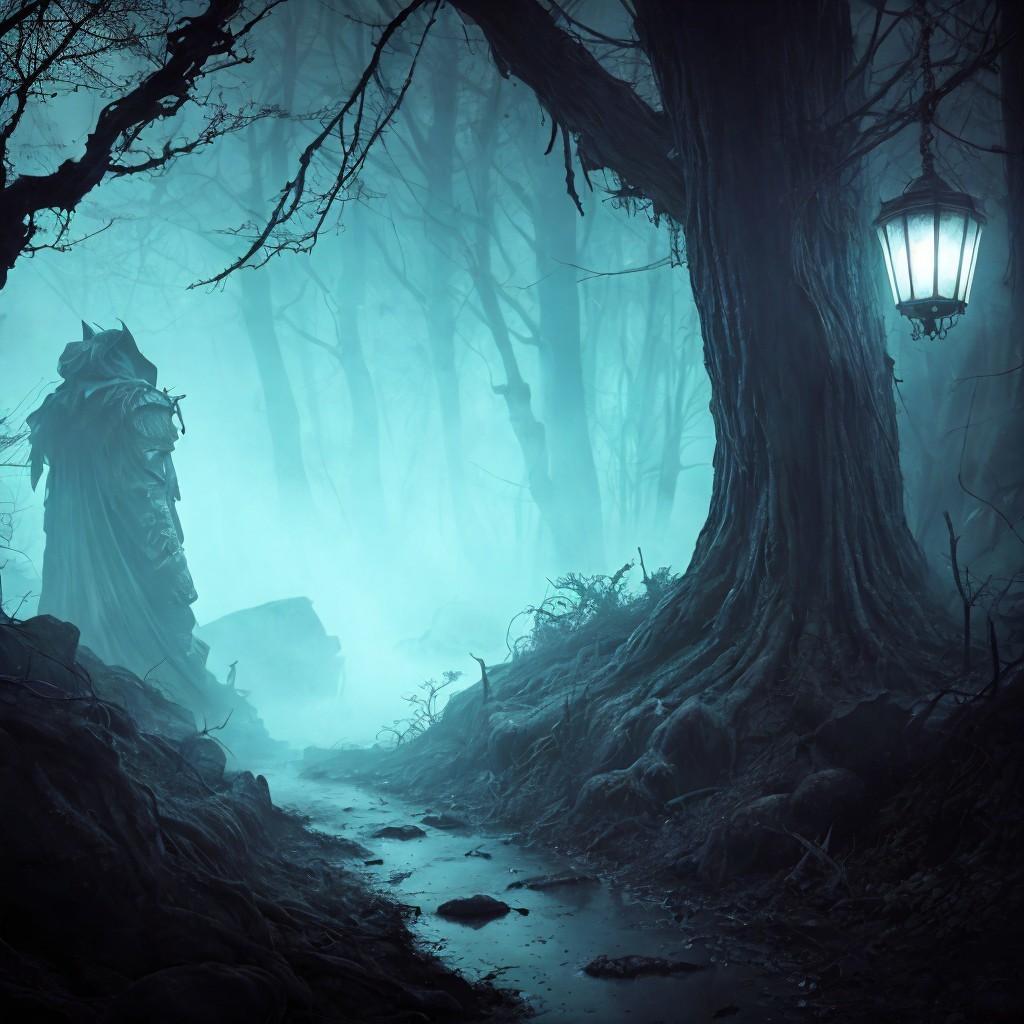 Cloaked Figure in Foggy Forest with Dim Lantern