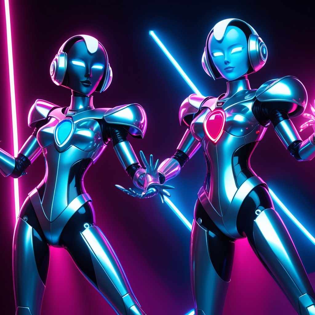 Futuristic Robots with Neon Lights and Heart Emblems