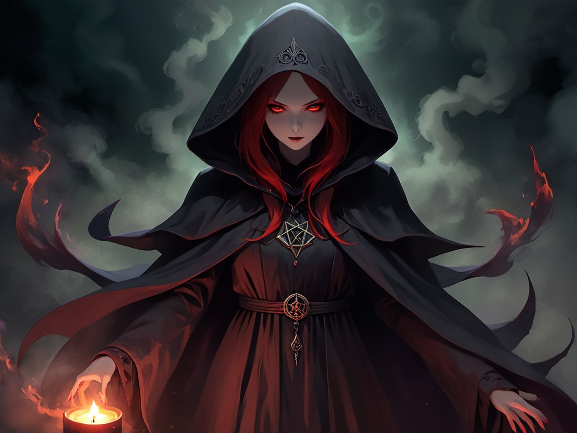 Mysterious figure in dark robe with candle and pentagram