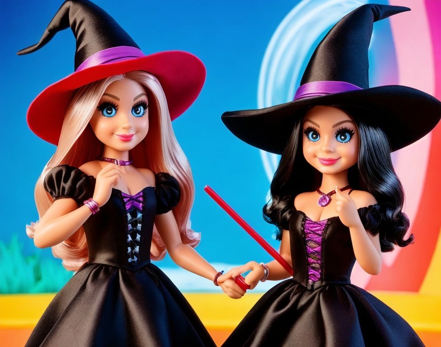 Stylish dolls in matching witch gowns with hats