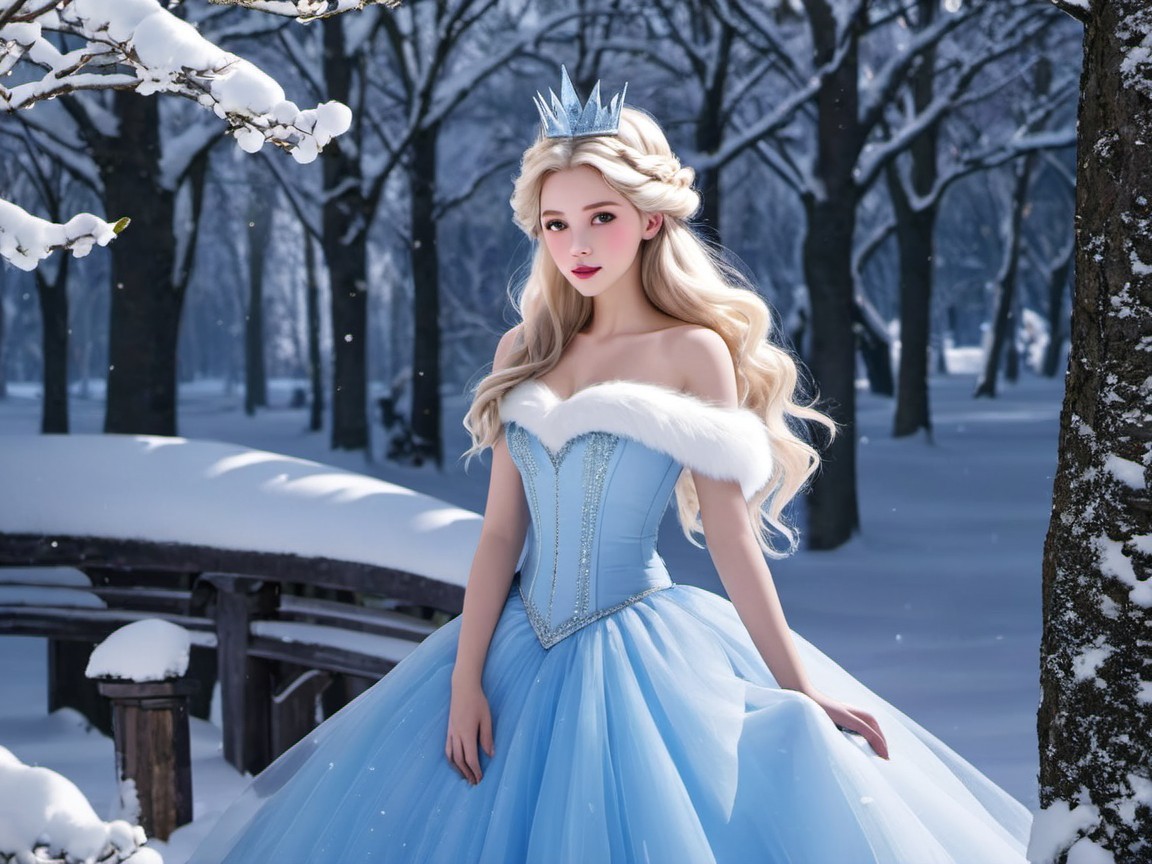 Young woman in blue gown in snowy landscape