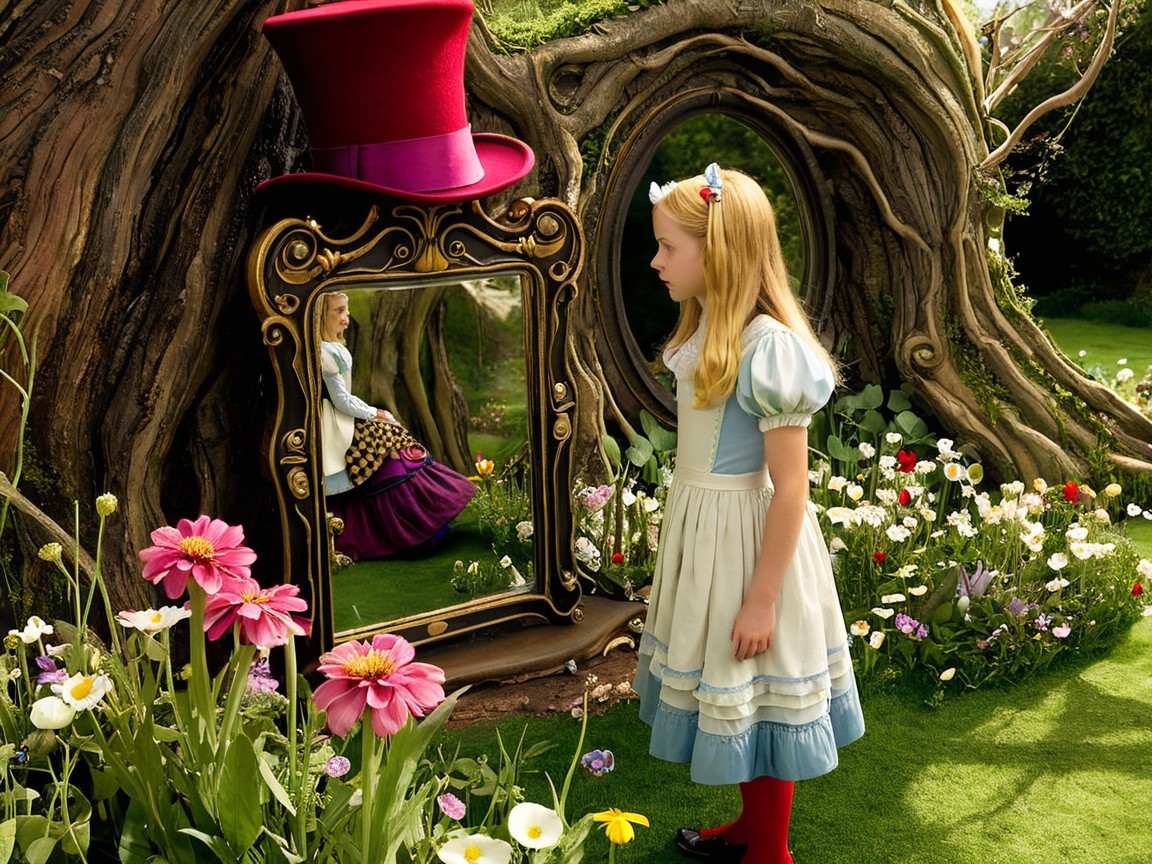 Young girl in blue dress beside ornate mirror in garden