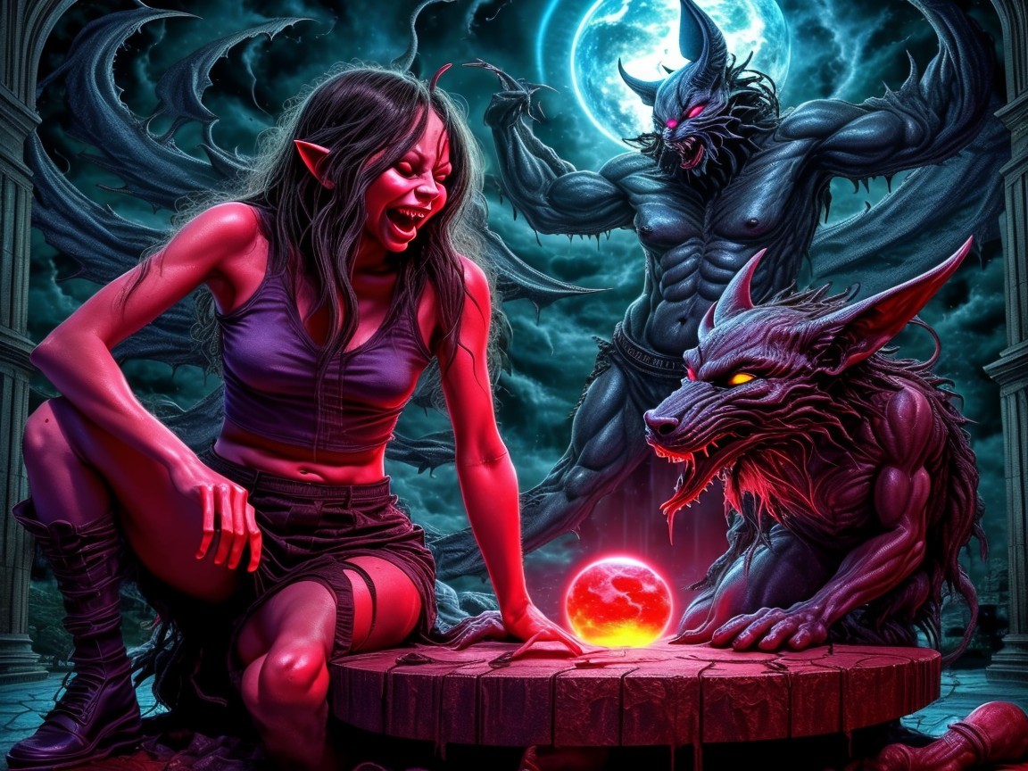 Fierce Woman and Beast by Glowing Red Orb in Moonlight