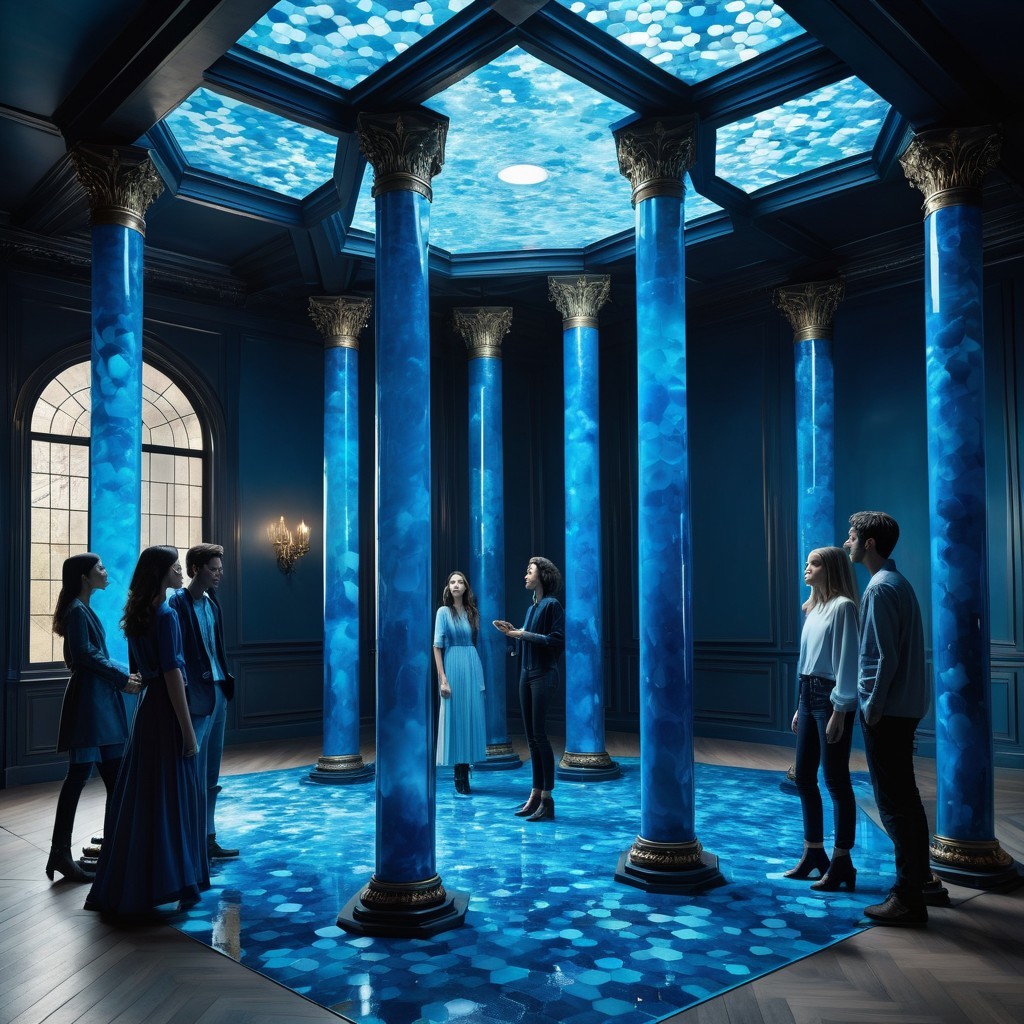 Blue-Themed Room with Columns and Sky Ceiling