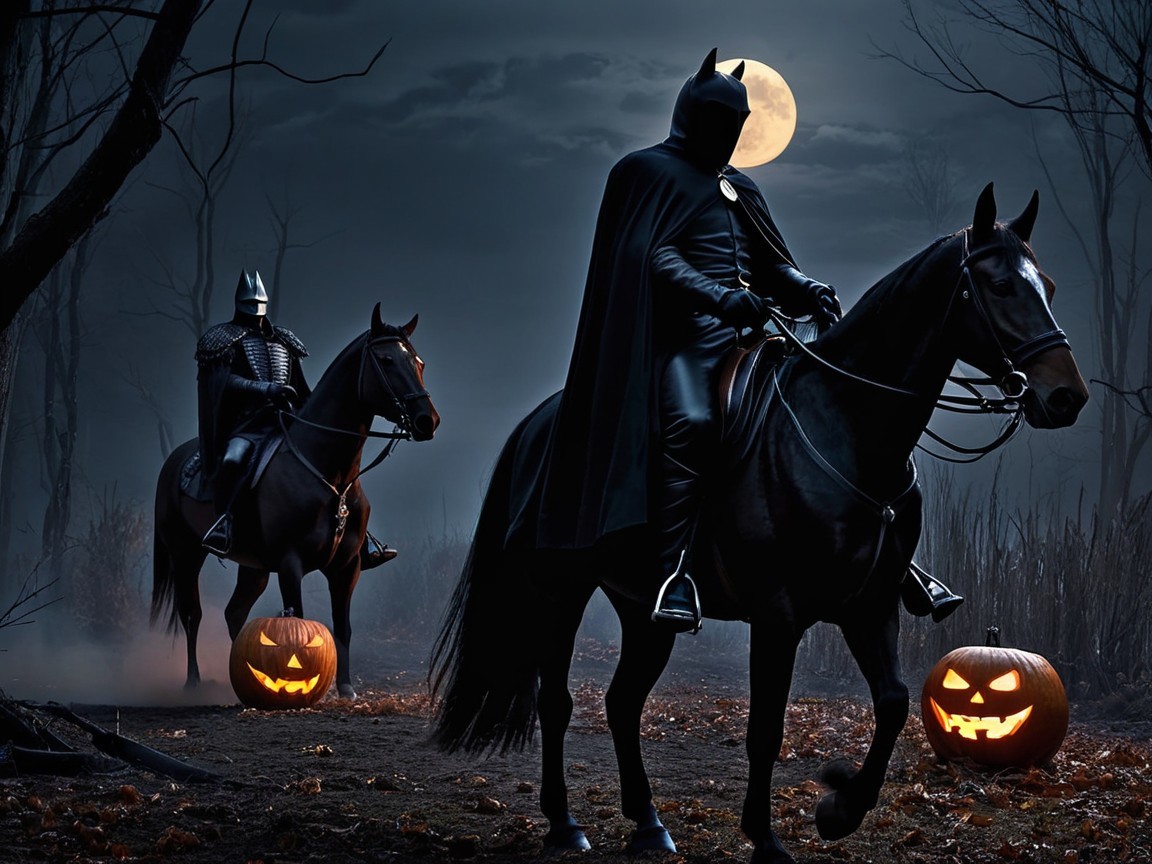 Superheroes on Black Horses in a Spooky Forest