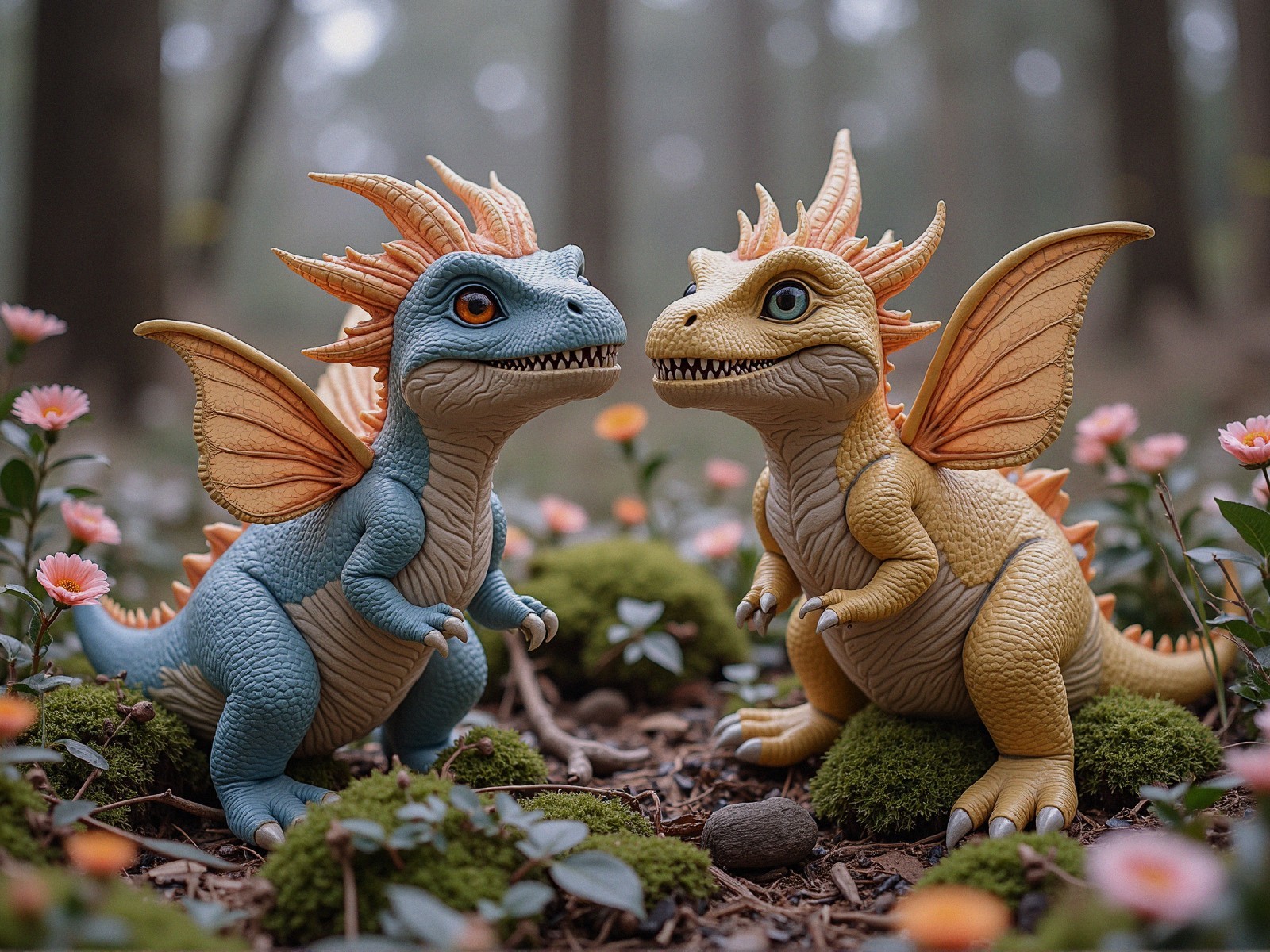 Colorful Dragon Figurines in Whimsical Forest Setting