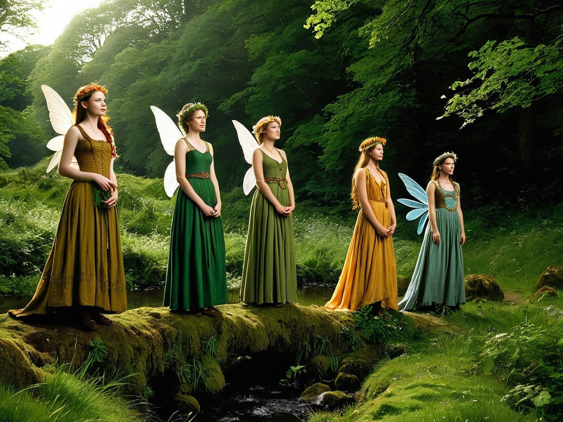 Fairy Figures in Flowing Dresses by a Serene Stream