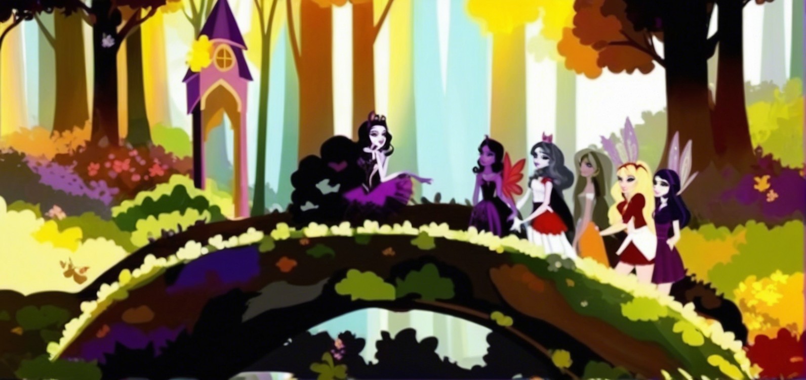 Colorful Forest Scene with Whimsical Fairy Characters