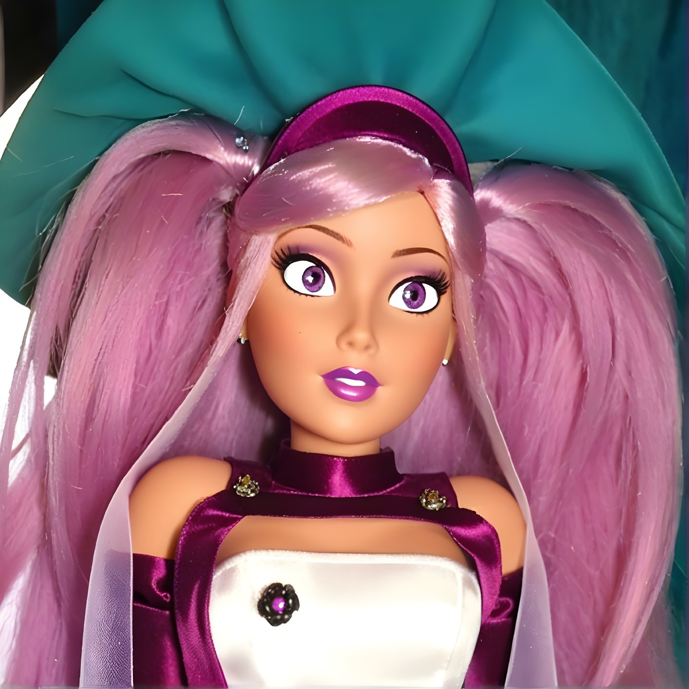 Stylized doll with pastel pink hair and vibrant outfit