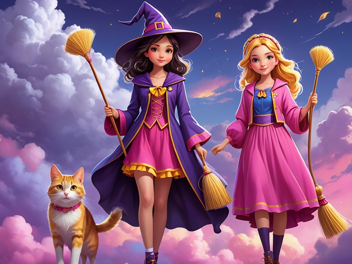 Young Witches in Colorful Outfits with Cat and Clouds