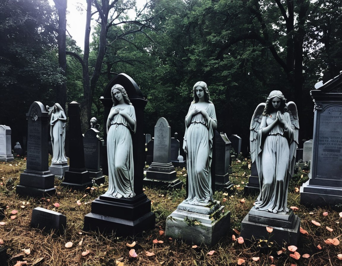 Serene Cemetery Scene with Angel Statues and Greenery