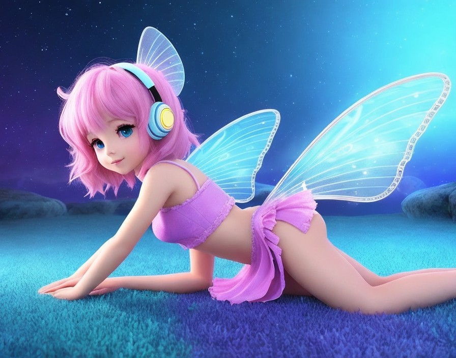 Whimsical fairy with pink hair in a vibrant landscape
