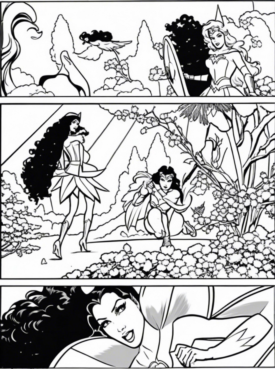 Three Superheroines in a Lush Garden Illustration