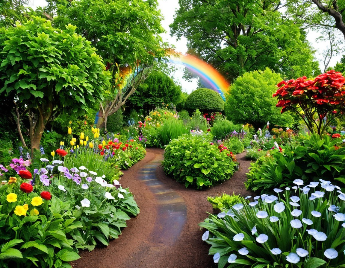 Vibrant Garden with Colorful Flowers and Rainbow