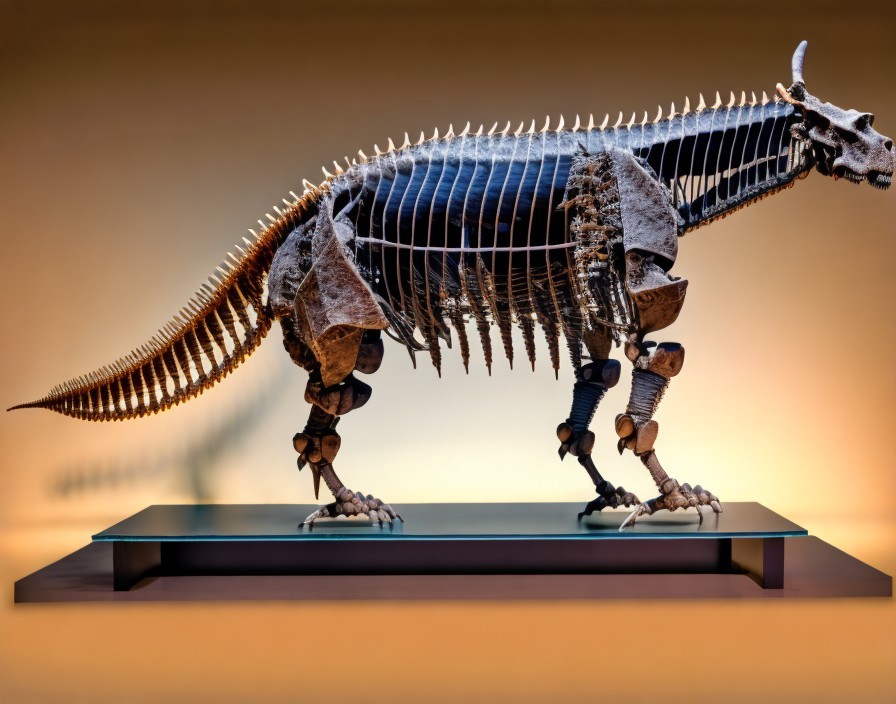 Detailed Dinosaur Skeleton Displayed on Glass Platform