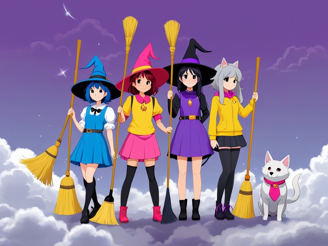 Young Witches in Colorful Outfits Under Purple Sky