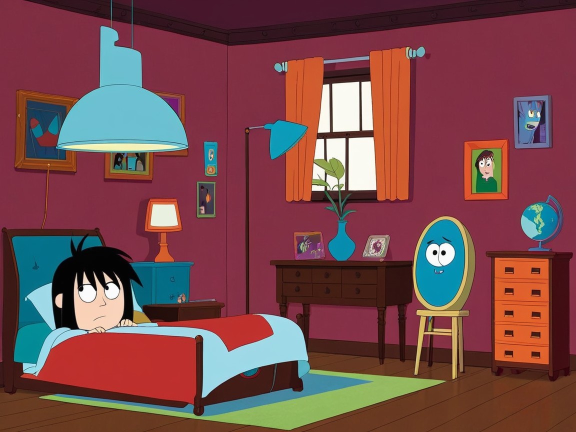 Colorful Animated Bedroom with Concerned Girl