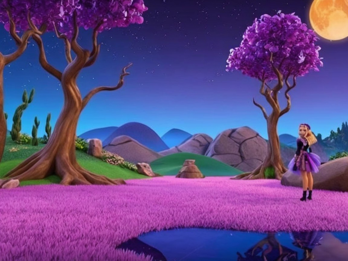 Whimsical Landscape with Purple Trees and Starry Sky
