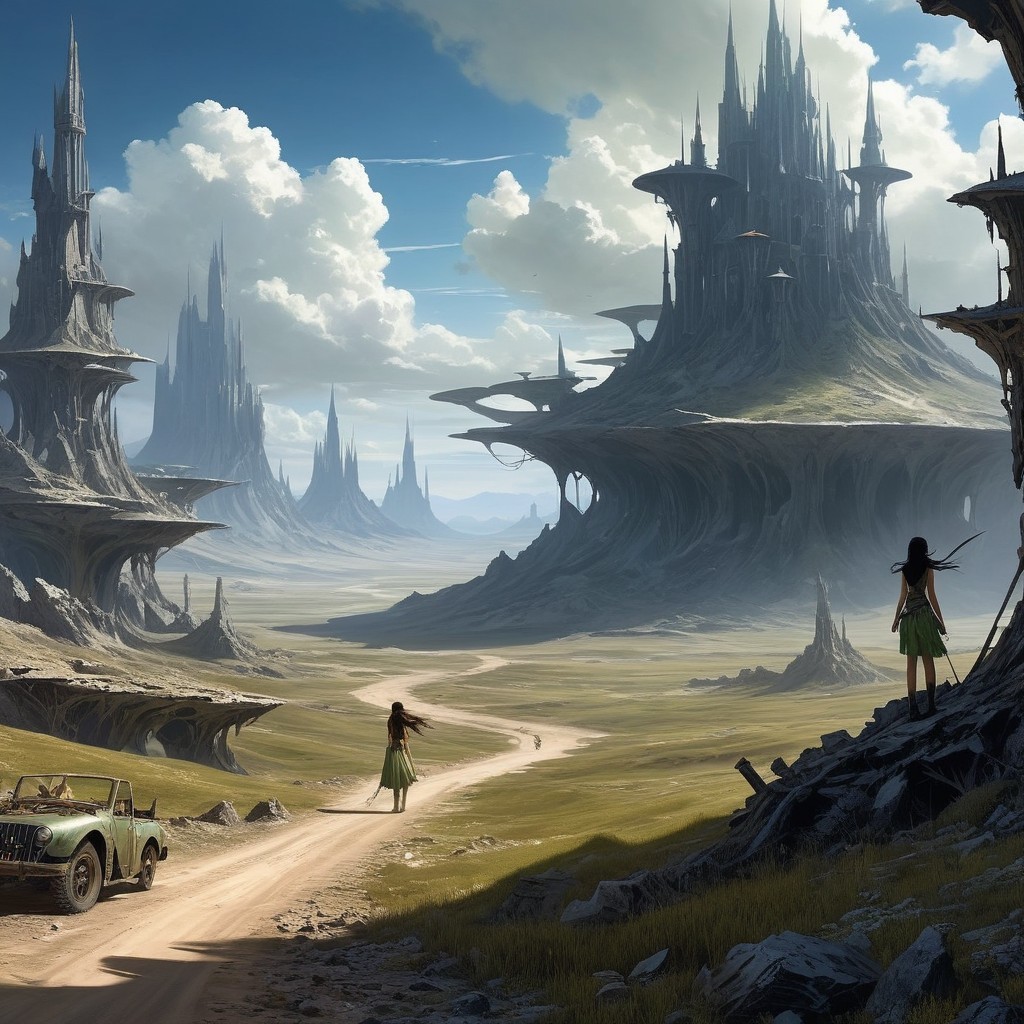 Surreal Landscape with Figures and Vintage Jeep