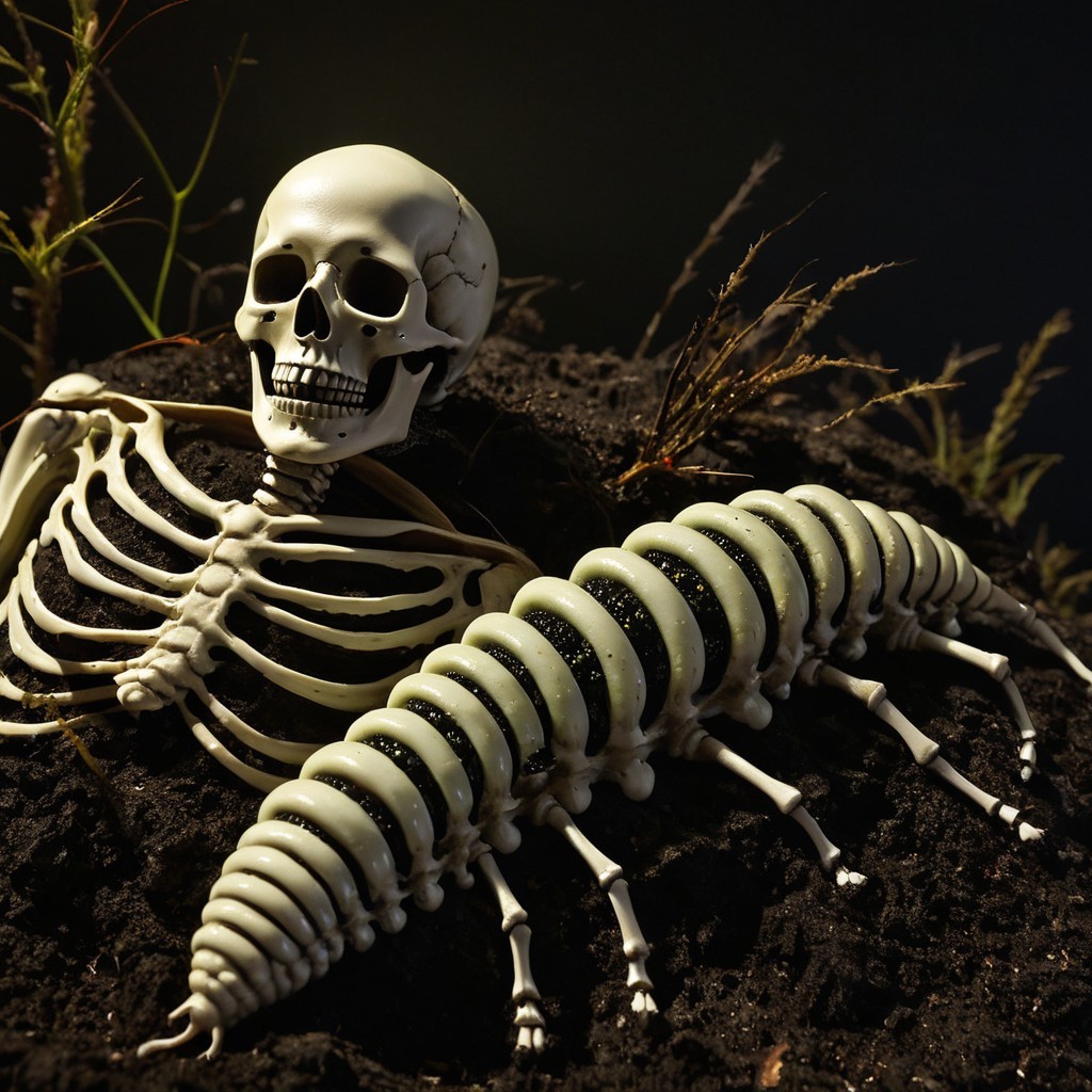 Skeletal Figure Among Twigs and Pale Centipede