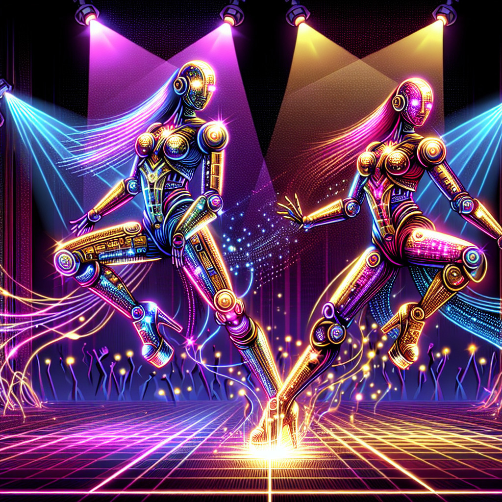 Robotic Dancers on Neon-Lit Dance Floor