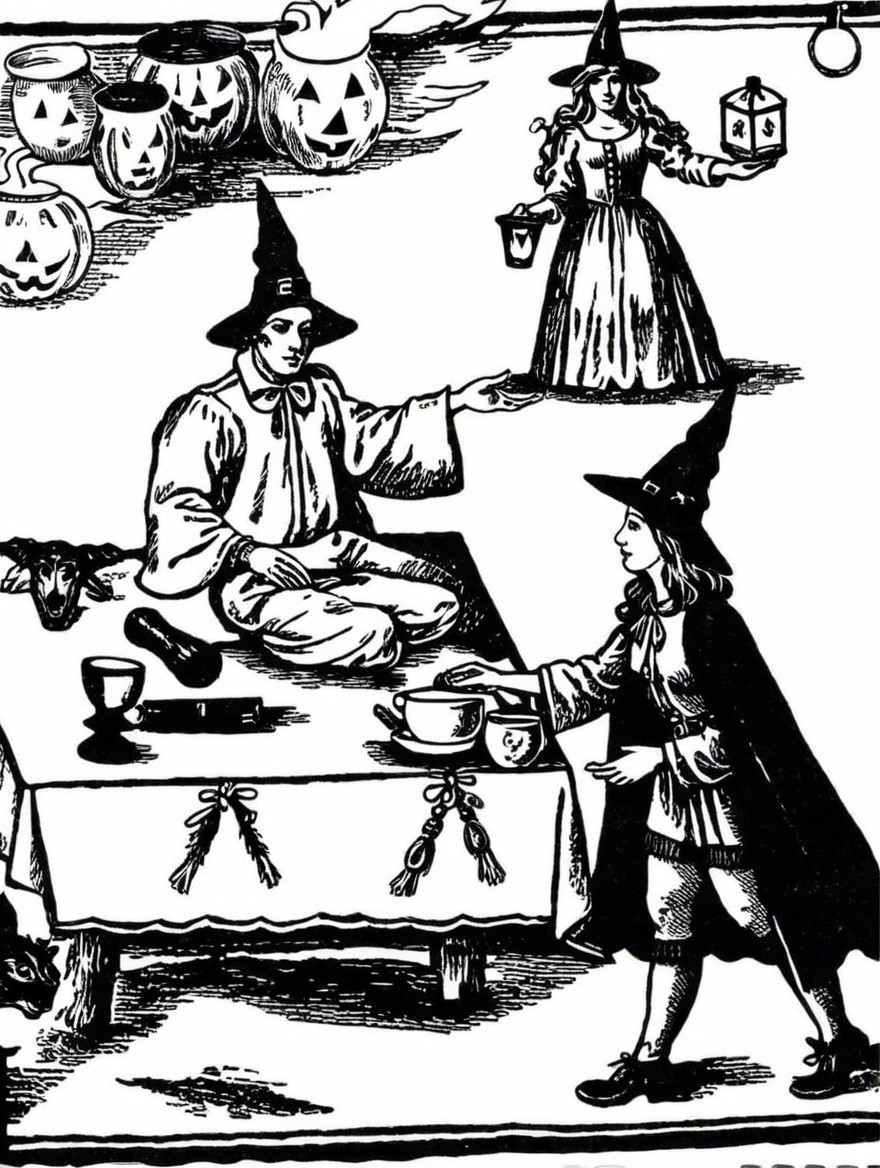 Whimsical Old-Fashioned Scene with Three Figures