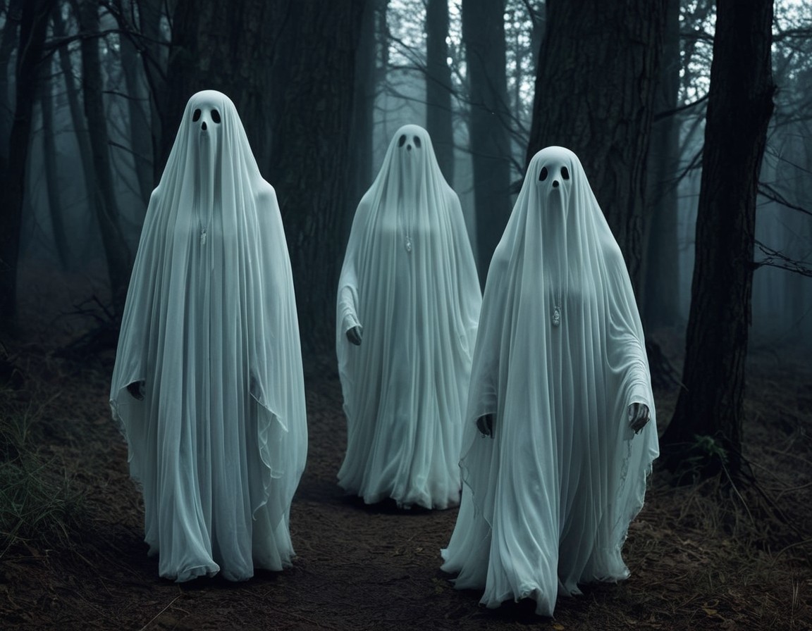 Ghostly Figures in a Misty Forest Pathway