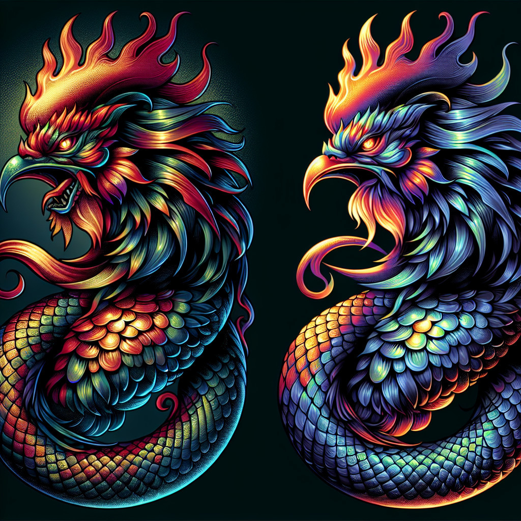 Vibrant Stylized Dragons with Rooster Features