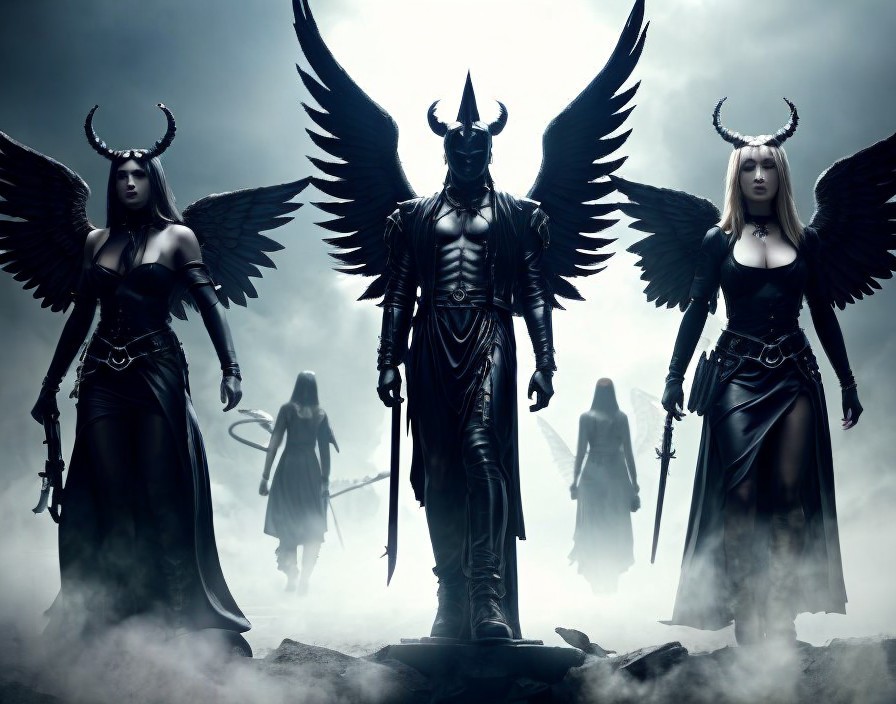 Dark Armored Figure with Winged Companions in Misty Scene