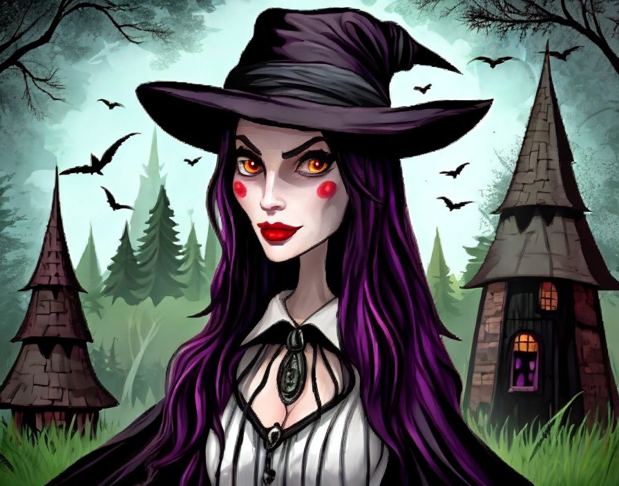 Mystical Witch in Dark Forest with Gothic Elements