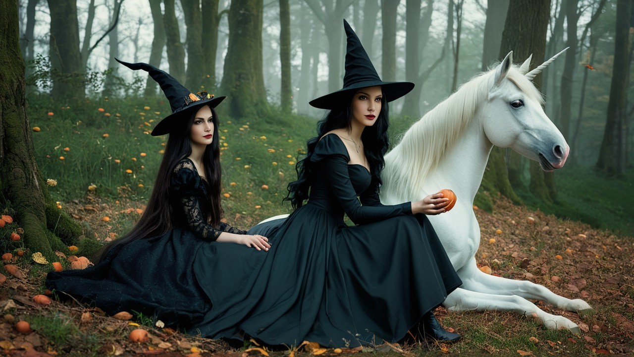 Witches and Unicorn in a Mystical Autumn Forest
