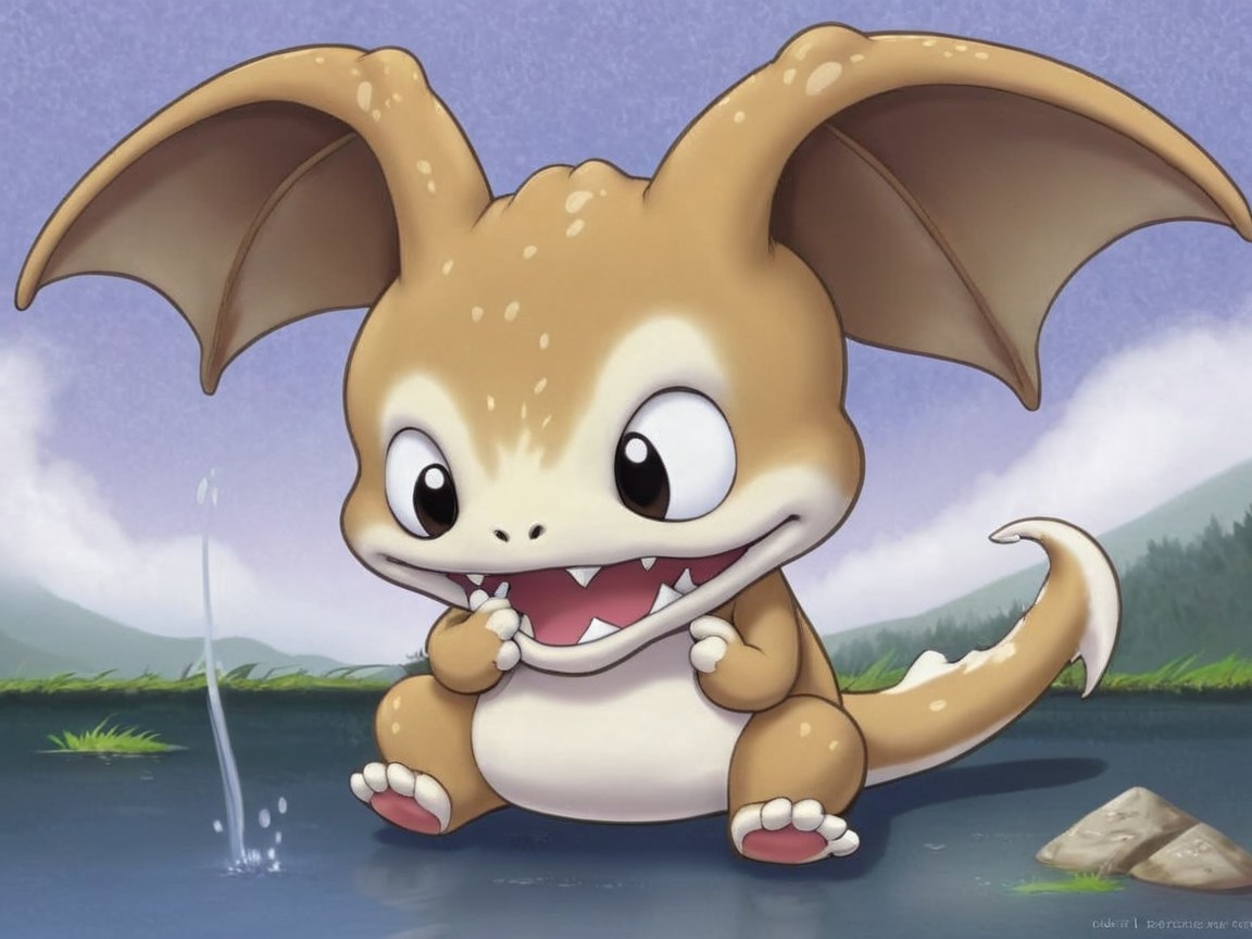 Cartoonish dragon-like creature by tranquil pond