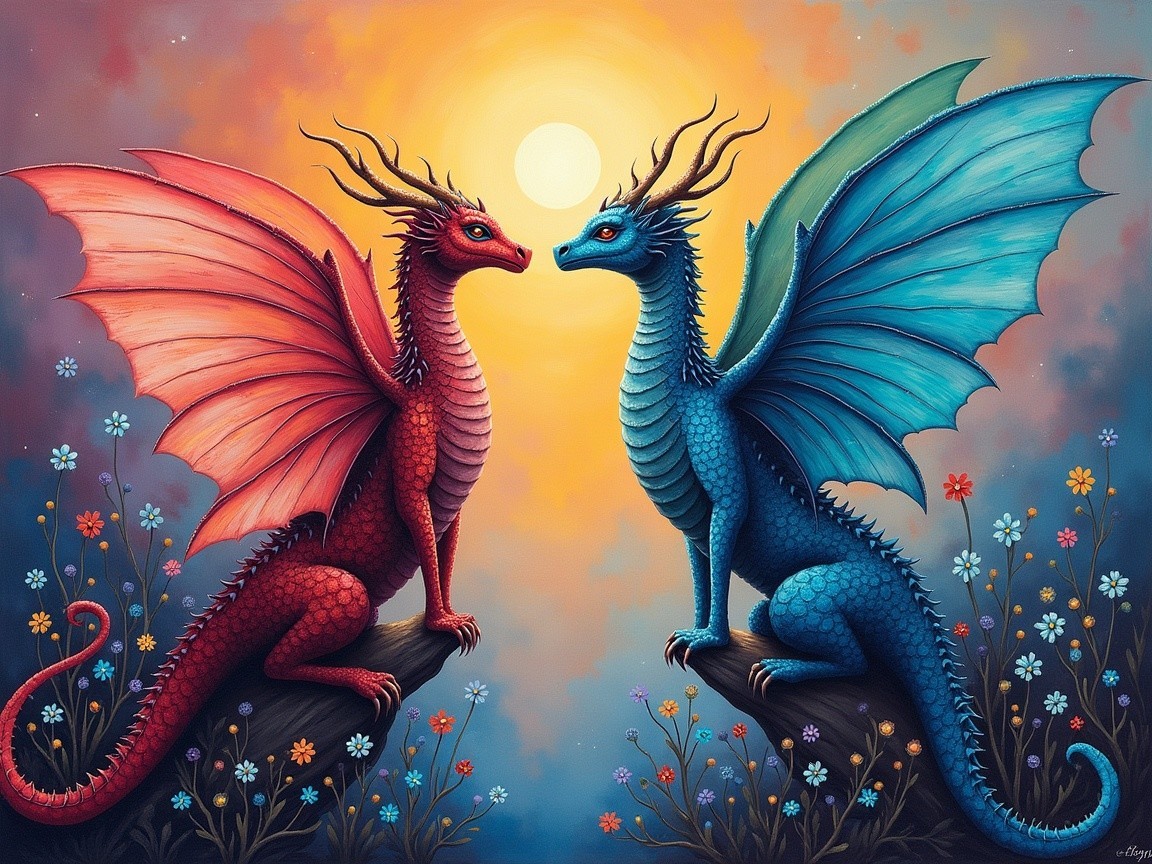 Dragons in Colorful Landscape at Sunset
