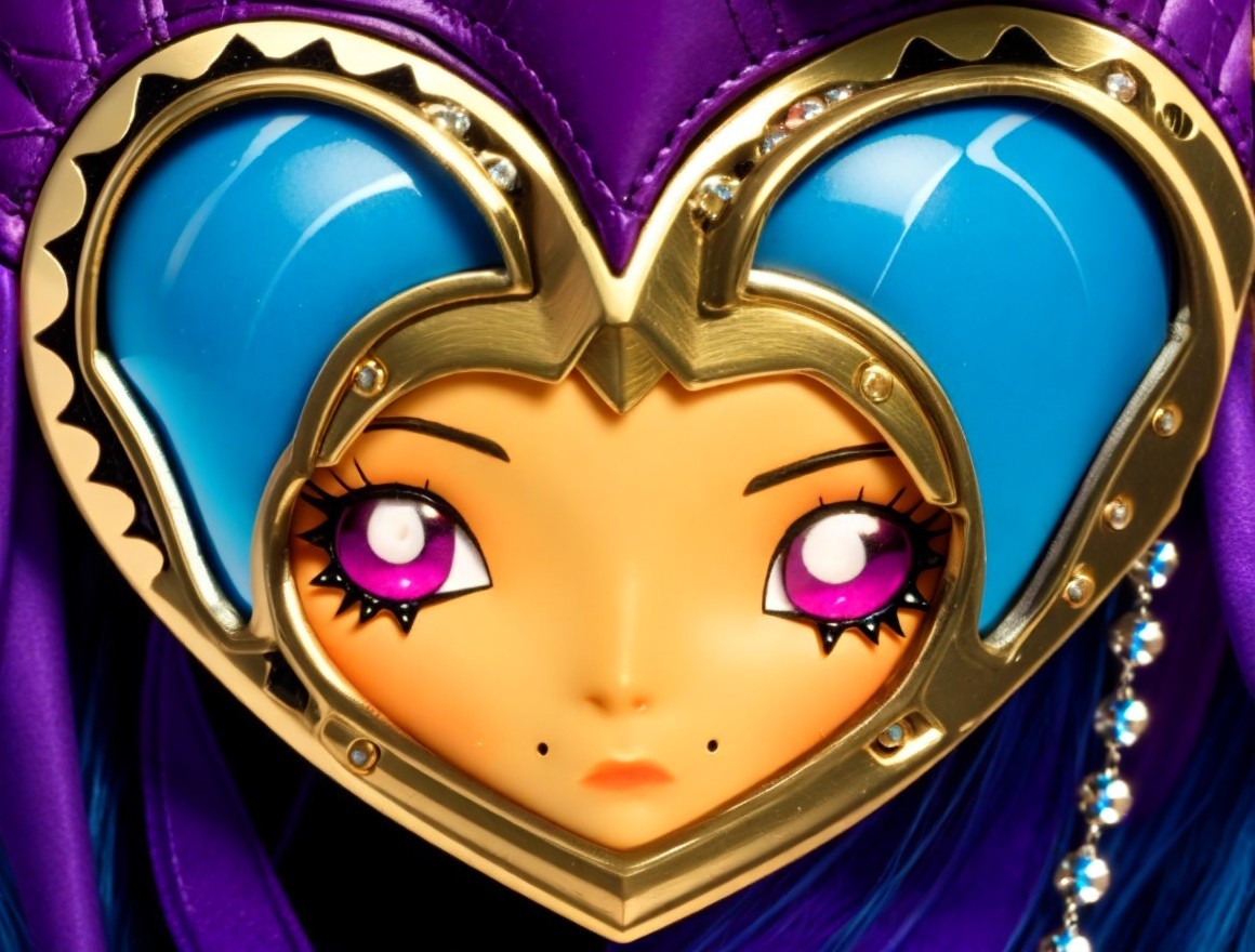 Close-up of a stylized doll's face with details
